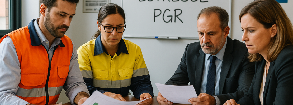 reunião entre profissionais de segurança do trabalho e gestores de uma empresa, analisando documentos e gráficos sobre riscos psicossociais