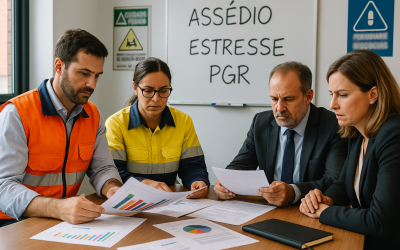 mudancas na nr01 reunião entre profissionais de segurança do trabalho e gestores de uma empresa, analisando documentos e gráficos sobre riscos psicossociais