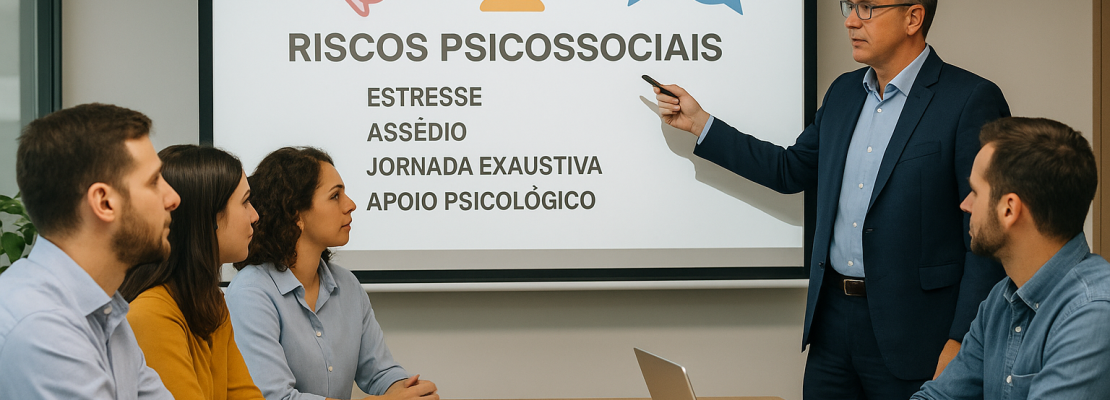 A cena mostra uma equipe de profissionais em uma sala corporativa, com uma apresentação em um projetor exibindo ícones relacionados à saúde mental, como cérebro, balança de equilíbrio e símbolo de diálogo. Um dos personagens aponta para uma lista com palavras como 'estresse', 'assédio', 'jornada exaustiva' e 'apoio psicológico'. O ambiente transmite cooperação, escuta e prevenção.
