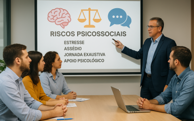 Guia pratico NR01 A cena mostra uma equipe de profissionais em uma sala corporativa, com uma apresentação em um projetor exibindo ícones relacionados à saúde mental, como cérebro, balança de equilíbrio e símbolo de diálogo. Um dos personagens aponta para uma lista com palavras como 'estresse', 'assédio', 'jornada exaustiva' e 'apoio psicológico'. O ambiente transmite cooperação, escuta e prevenção.