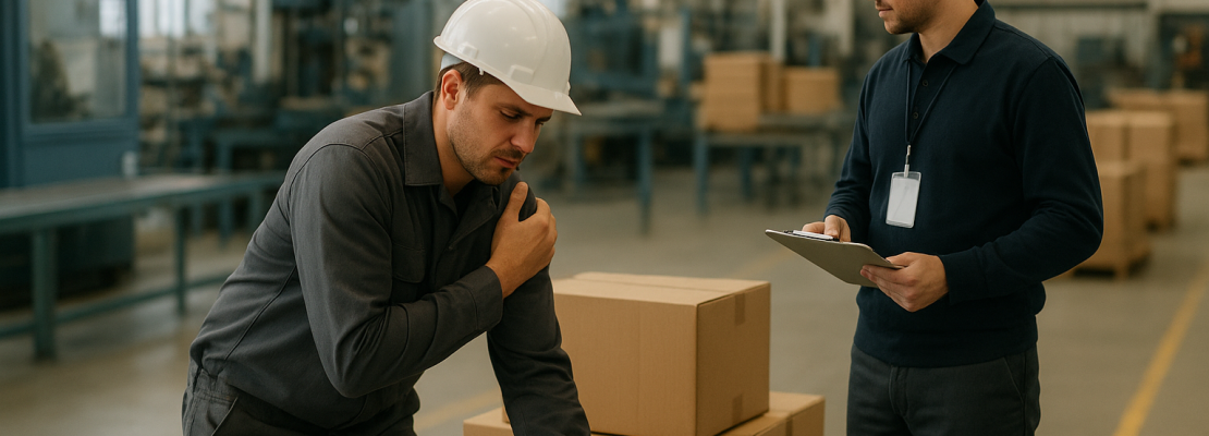 trabalhador com dores sendo orientado por ergonomista trabalhador com dores sendo orientado por ergonomista