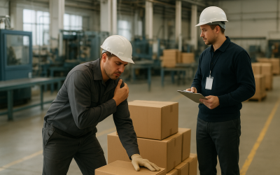 trabalhador com dores sendo orientado por ergonomista trabalhador com dores sendo orientado por ergonomista